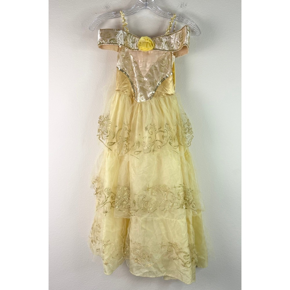 Disney Belle Dress Costume Girls Size S 6/6X Princess Yellow Gold Sequin Tulle